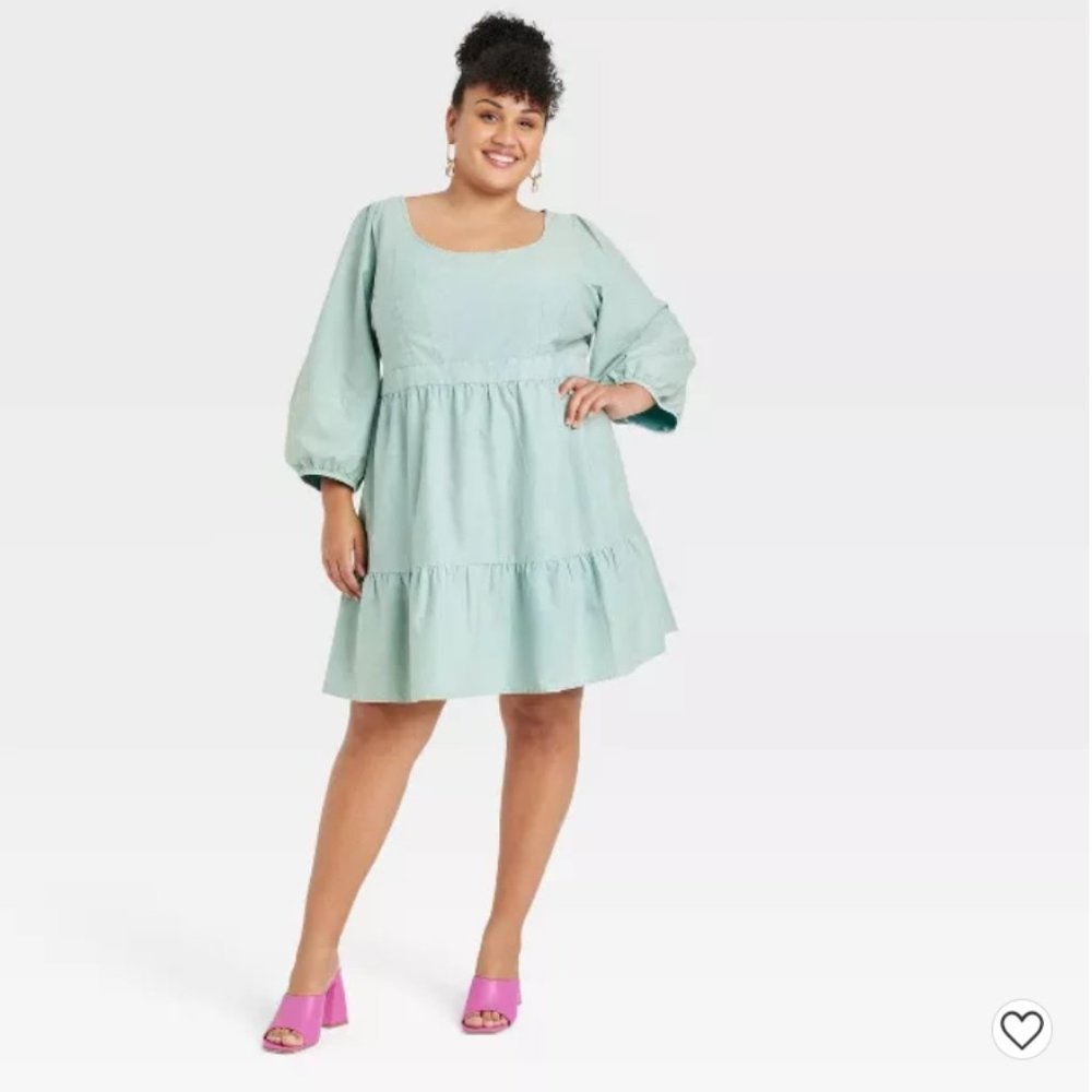 Women's Plus Size Balloon 3/4 Sleeve A-Line Dress - Ava & Viv™ Teal Blue 2X